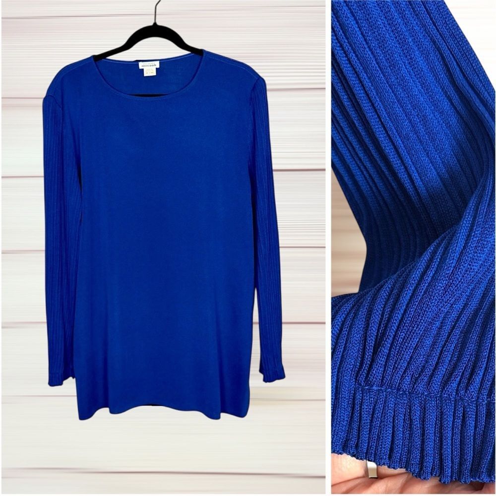 Exclusively MISOOK Royal Blue Top Tunic Blouse Long Pleated Sleeve Vintage L New
